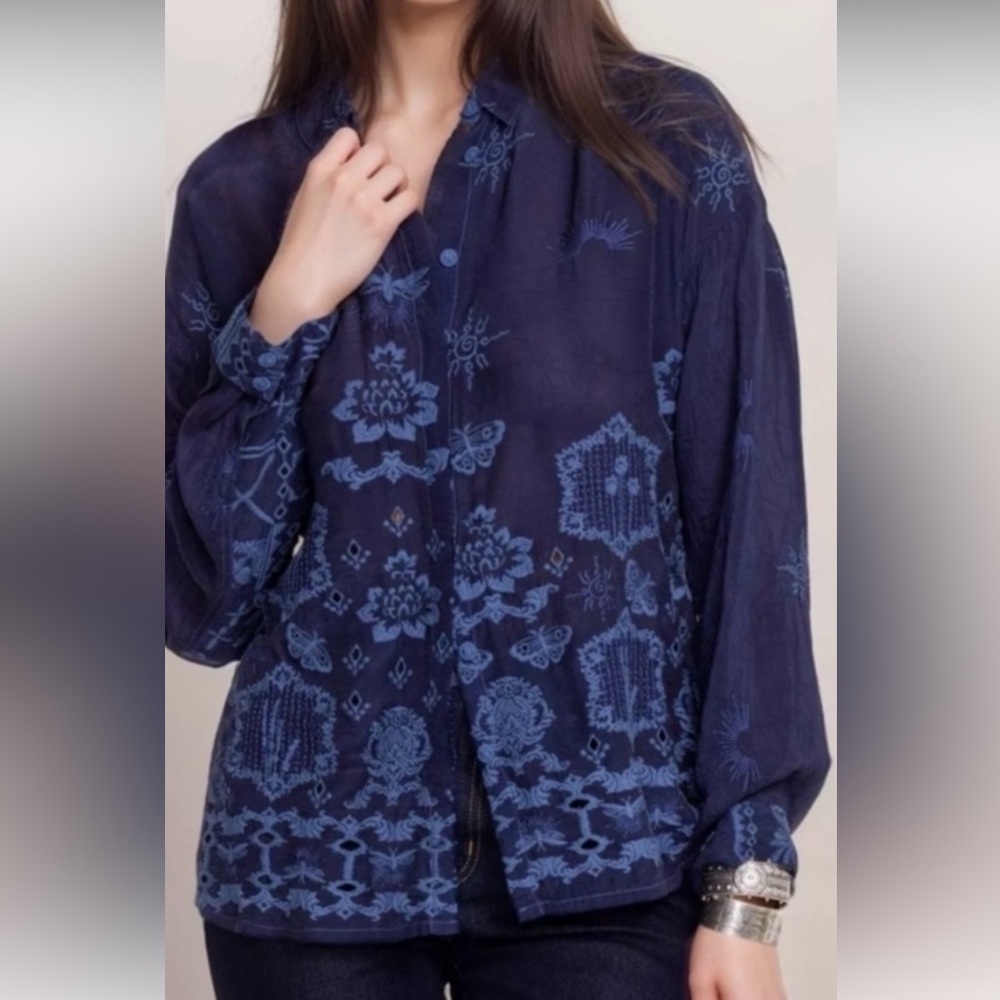 Johnny Was Indigo Floral Blouse